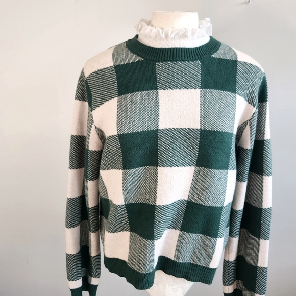 Anthropologie Plaid Ruffle-Collar Pullover Sweater Prep Preppy Old Money - Picture 2 of 11